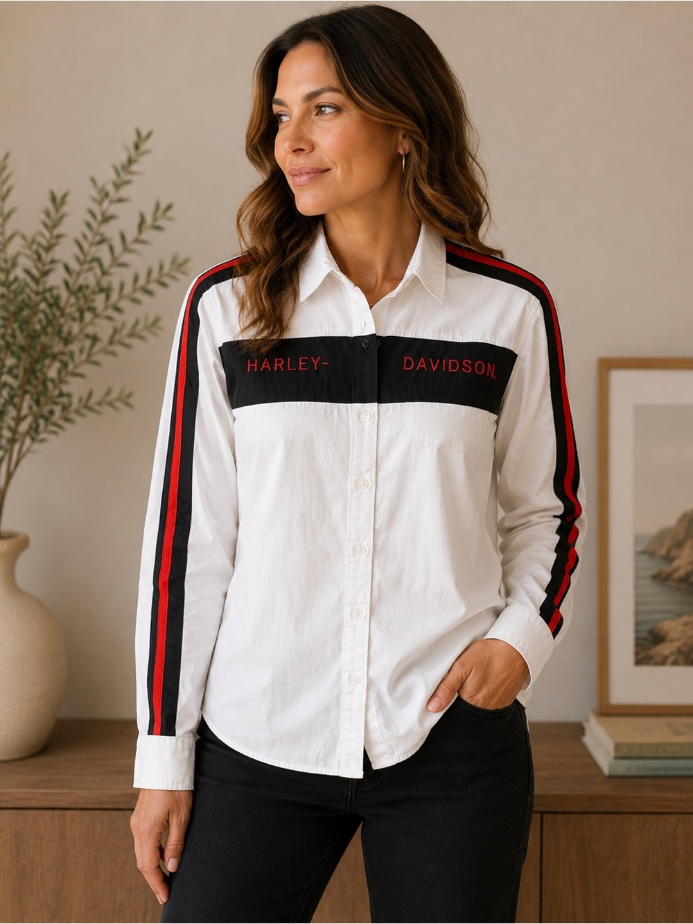 Harley-Davidson Women’s Racing Stripe‎ Button Up Shirt Moto Y2K Biker Top XL
